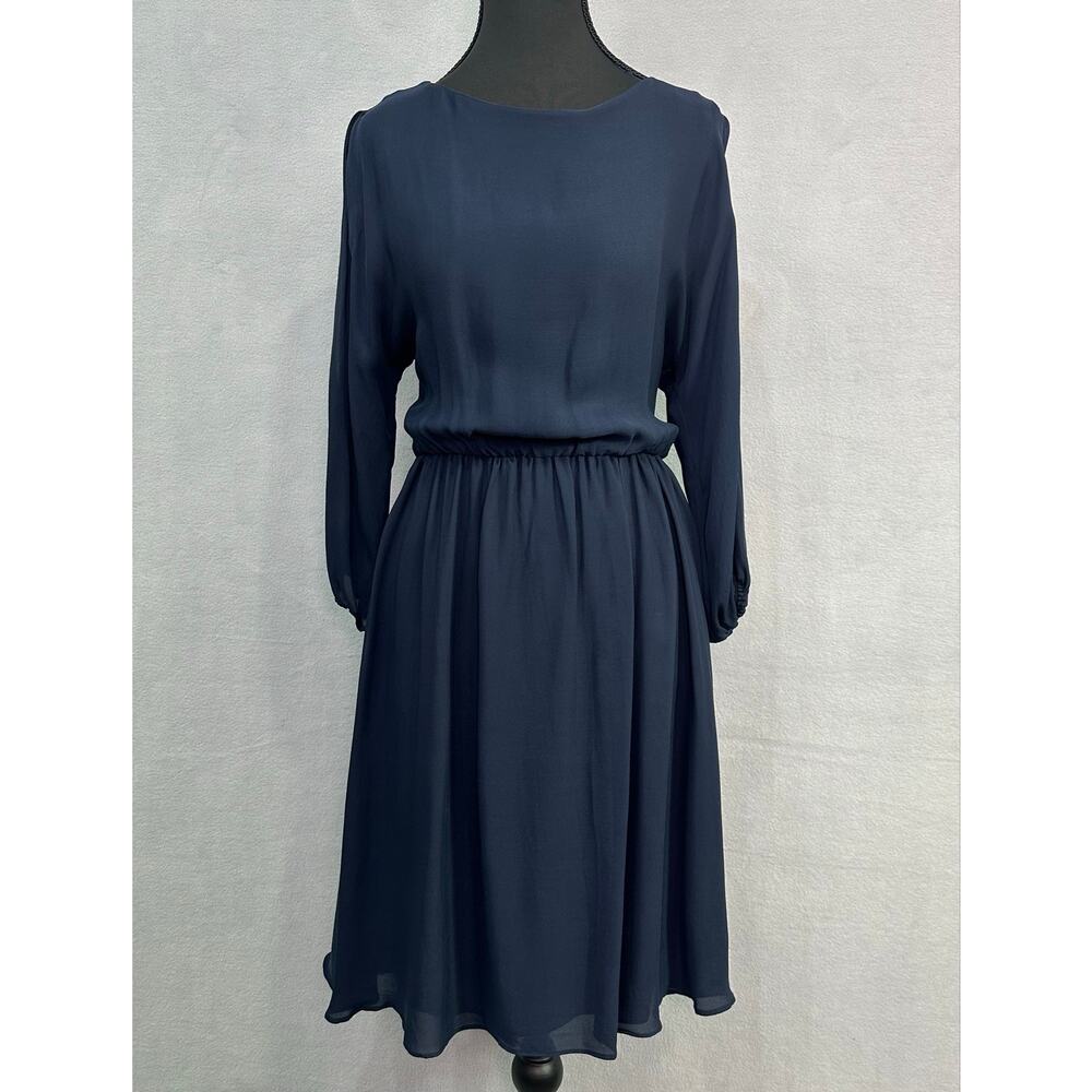 Alice + Olivia Navy Blue 100% Silk Cold Shoulder Long Sleeve Mini Dress Size S - Picture 2 of 12